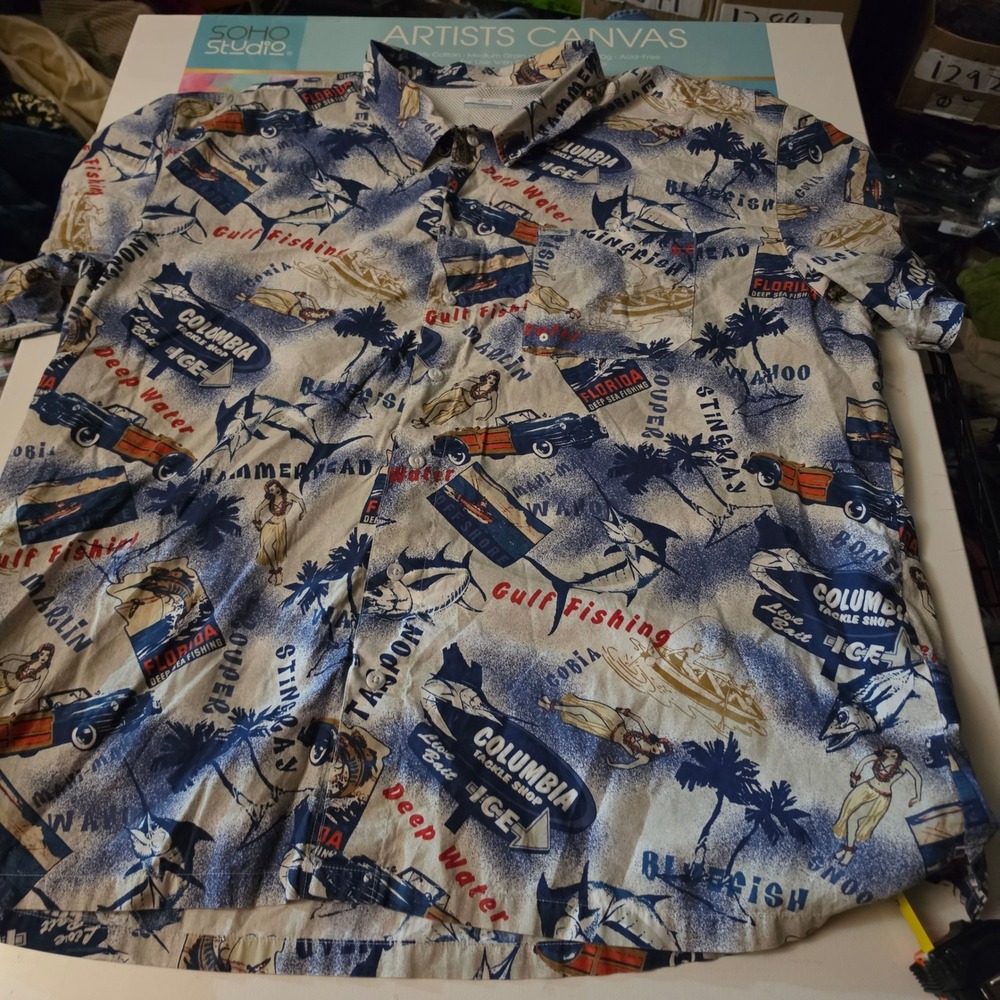 Columbia PFG Mens 3X Florida Deep Sea Fishing Print Short Sleeve Shirt Blue
